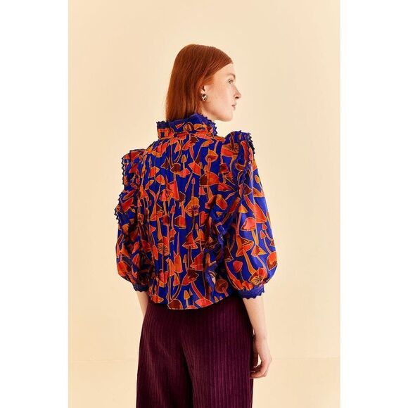 Farm Rio Bright Blue Mushroom Sketch Blouse Buttons Small S NEW - Picture 4 of 6